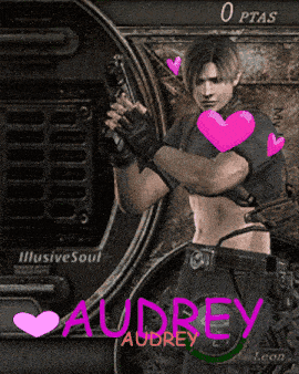 a video game character named audrey is holding a gun and surrounded by pink hearts