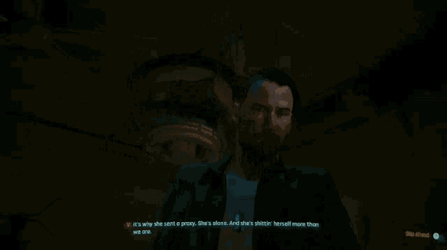 a video game screen shows a man talking to another man
