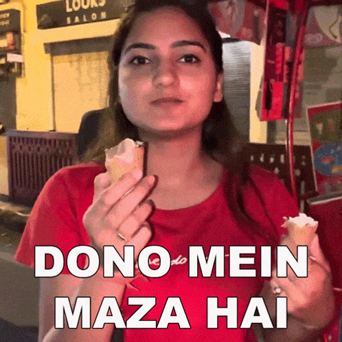 a woman in a red shirt is eating an ice cream cone with the words " dono mein maza hai " written on it