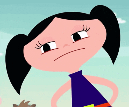 a cartoon girl with pigtails and a purple shirt making a funny face