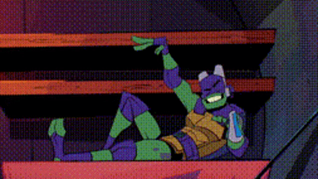 a teenage mutant ninja turtle is doing a stretching exercise on a staircase .