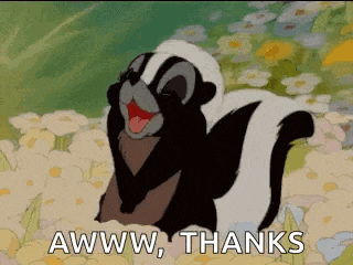 a cartoon skunk is standing in a field of flowers and says `` awww , thanks '' .