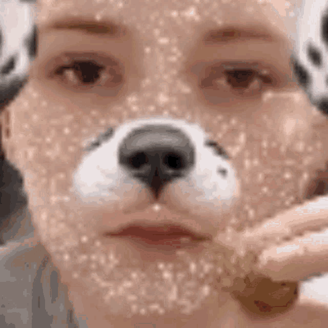 a close up of a person 's face with a dog mask on .