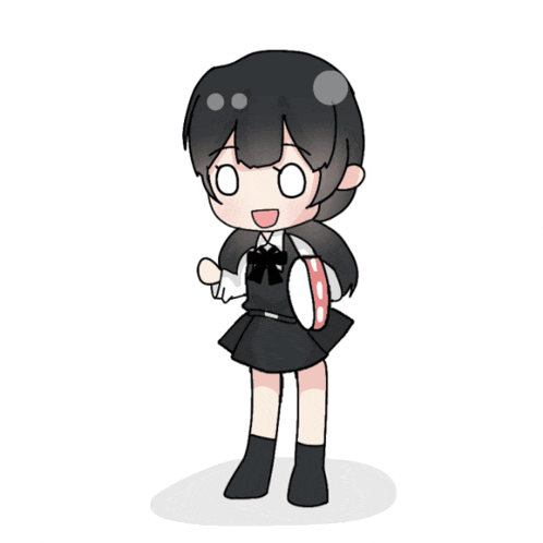 a girl in a black skirt is holding a white and red item