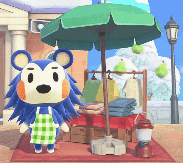 a cartoon character wearing an apron stands in front of a clothes rack