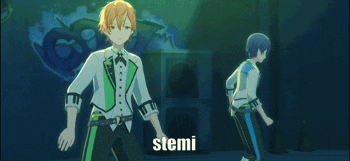 two anime characters are standing next to each other and the word stemi is on the bottom