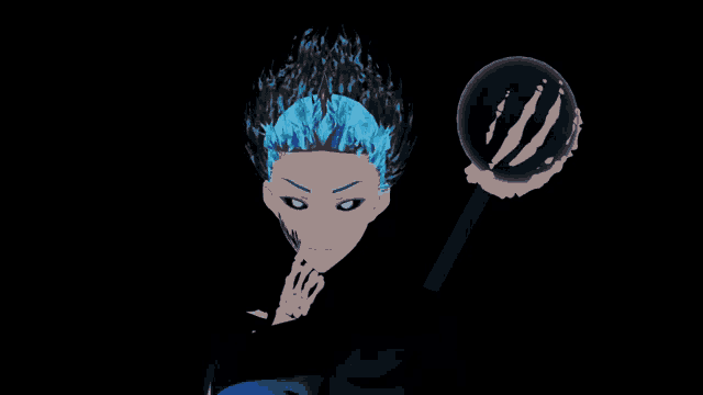 a cartoon character with blue hair is holding a black ball