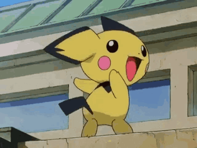 a yellow and black cartoon character is standing on a ledge with its mouth open .