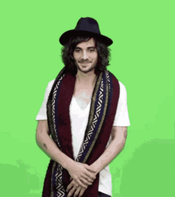 a man wearing a hat and scarf is standing on a green screen