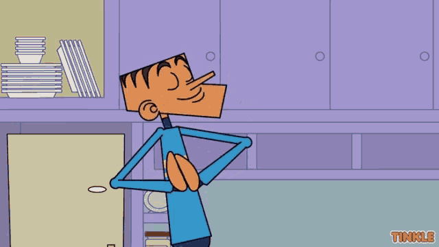 a cartoon character is standing in front of purple cabinets with the word tinkle on the bottom right