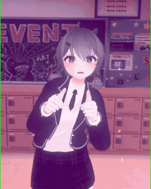 a girl in a suit and tie giving a thumbs up in front of a sign that says event