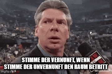a man in a suit is talking into a microphone in a stadium with a caption in german .