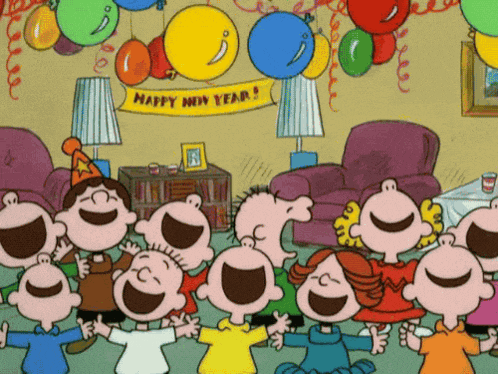 a cartoon of peanuts celebrating new year 's eve with balloons and a banner that says happy new year 's