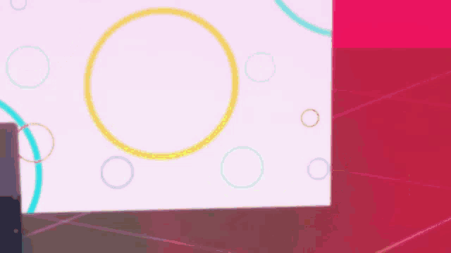 a girl is playing a guitar in front of a pink wall with circles on it .