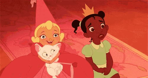 two cartoon girls are standing next to each other and one of them is holding a white cat .