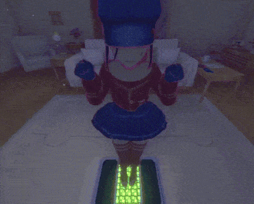 a girl is standing in front of a computer keyboard