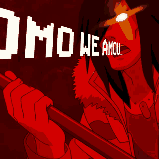 a cartoon drawing of a person holding a stick with the words omo we abou written on it