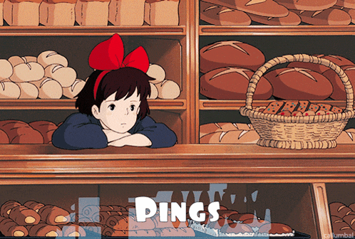 a girl with a red bow on her head stands in front of a display of bread with the word pings below her