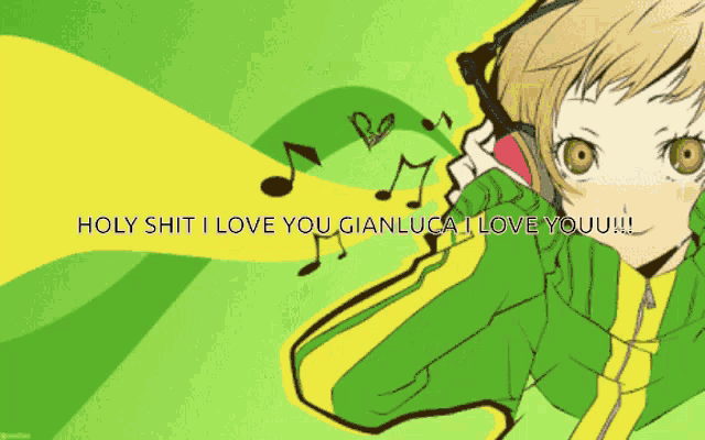 a picture of a girl with headphones says holy shit i love you gianluca i love you !!!