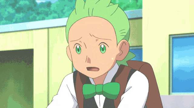 a boy with green hair is wearing a bow tie and vest