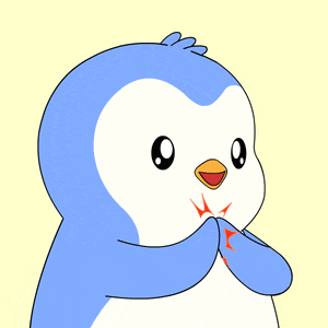a blue and white penguin with a yellow beak is clapping
