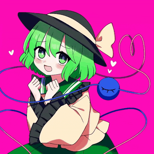 a drawing of a girl with green hair and a black hat