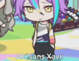 a cartoon character with purple hair and blue streaks is standing in front of a colorful background and says aki sans xavi .