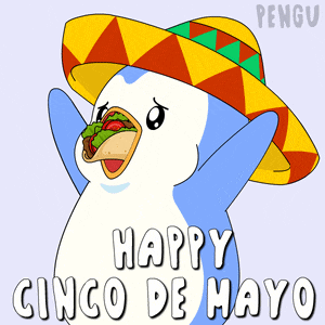a penguin wearing a sombrero with a taco in its mouth and the words happy cinco de mayo