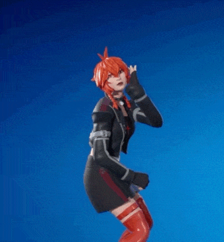 a girl with red hair is standing in front of a blue background wearing a black jacket and red stockings .