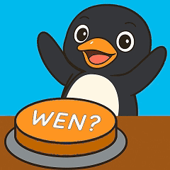 a penguin is pushing an orange button that says wen