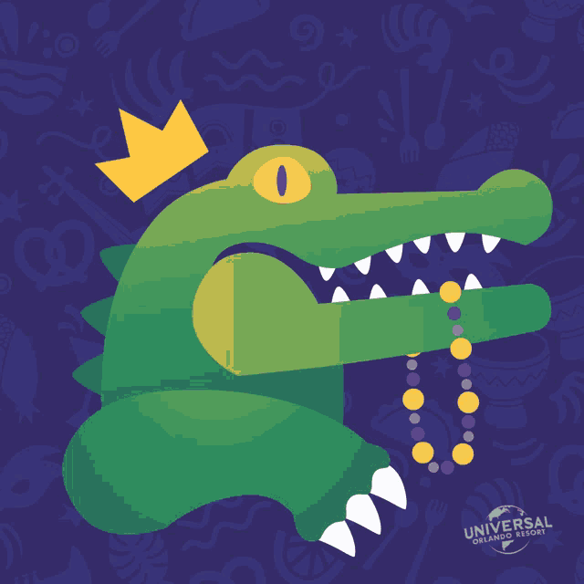 an illustration of a crocodile with a crown on its head and beads in its mouth is from universal orlando resort