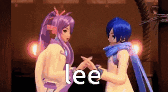 a couple of anime characters standing next to each other and holding hands .