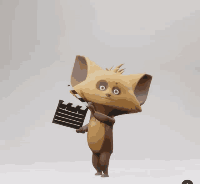 a cartoon character is holding a clapper board in his hands