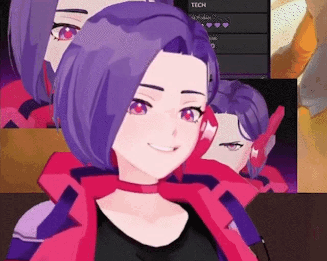 a cartoon girl with purple hair and red eyes is smiling in front of a screen that says tech