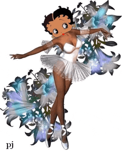 betty boop is dancing in a white tutu and pointe shoes surrounded by blue and white flowers .