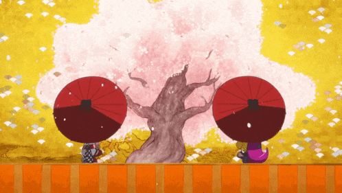two people holding red umbrellas in front of a tree