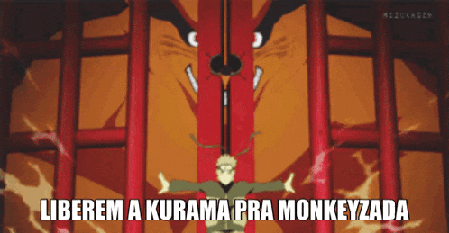 a cartoon of a man standing in front of a large animal with the words " liberem a kurama pra monkeyzada " below him
