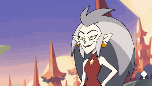 a cartoon drawing of a woman with gray hair and a red top