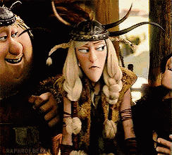 a group of cartoon characters with one wearing a helmet with horns on it