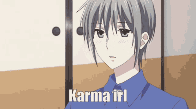 a picture of a boy with the words karma irl written on it