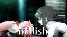 two anime girls are standing next to each other and the word milish is visible