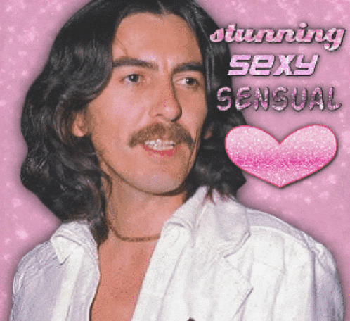 a man with long hair and a mustache is on a pink background with the words " stunning sexy sensual "