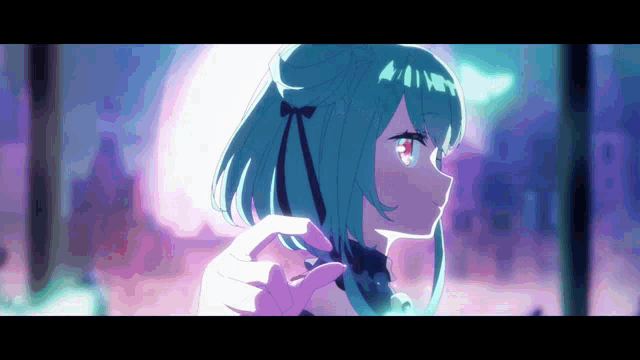 a girl with blue hair and red eyes is making a peace sign with her hand .