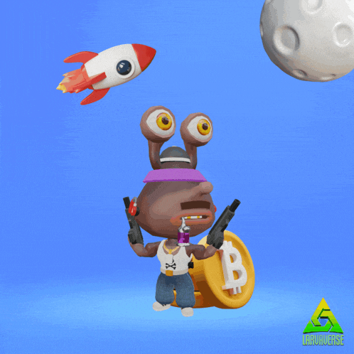 a cartoon character holding two guns and a coin with the word let 's go above him