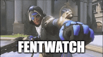a video game character is holding a gun and the words fentwatch are above him