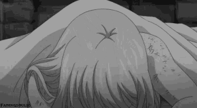 a black and white drawing of a person laying on a bed with a cross on their head .
