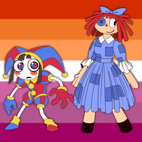 a cartoon drawing of a jester and a doll