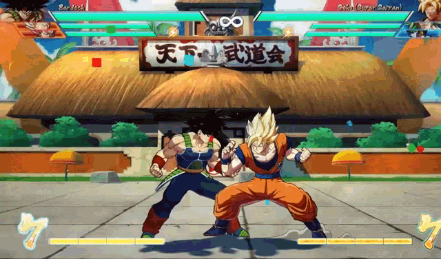 goku and bardock are fighting in a video game with chinese writing