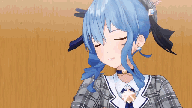a blue haired anime girl with her eyes closed and a star in her hair