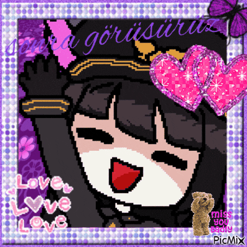 a pixel art of a girl with hearts and the words love and love